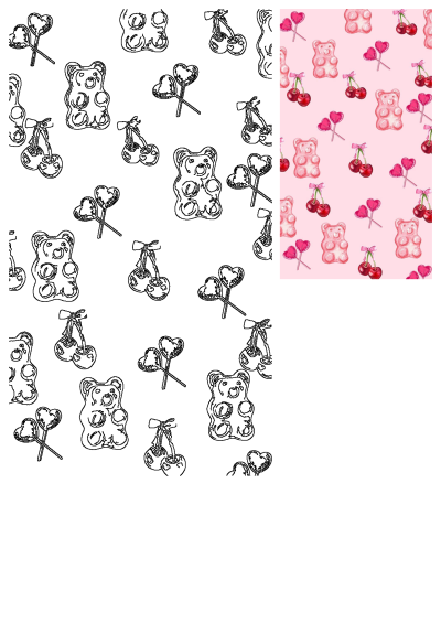 Pink teddy bears and cherries scattered on a pink background, complemented by heart-shaped lollipops, a sweet and playful pattern.