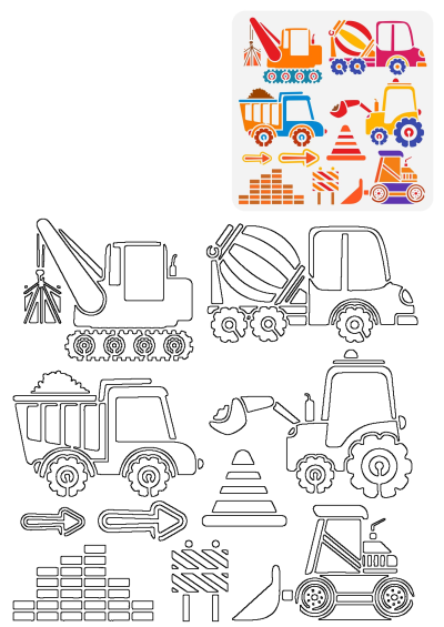 Different types of construction vehicles are shown in a colorful, cartoonish style, including a crane, mixer, dump truck, and excavator.