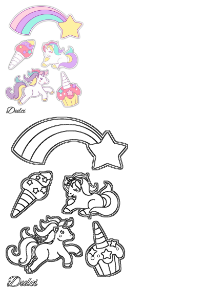 Dulci unicorn and stars stickers on a white background, featuring rainbows, cupcakes, and ice cream cone. Cute pastel colors.