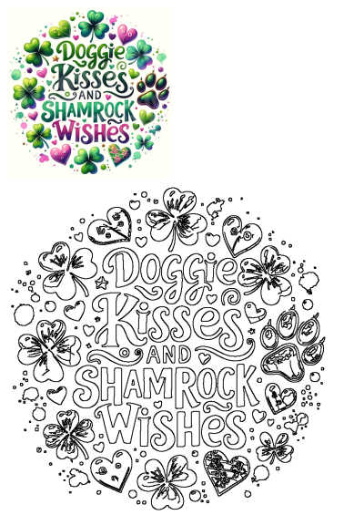 Doggie kisses and shamrock wishes in a circle, surrounded by clovers, hearts, and a paw print. A cute St. Patrick's Day illustration.