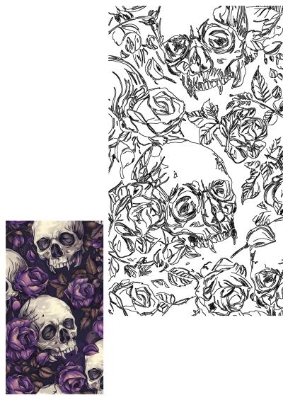 a bunch of skulls and roses on a black background with purple flowers in the middle