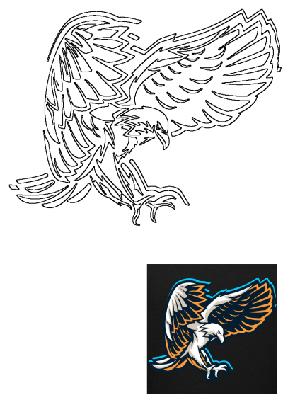 Illustration of an Adler, an eagle with spread wings, rendered in white, blue, and orange against a black background. Bird of prey.