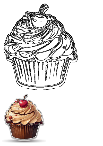 Sticker image of a cupcake with cream frosting and a cherry on top. Delicious treat with decorative sprinkles. 