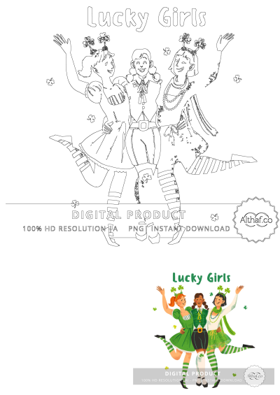 Illustration of three lucky girls celebrating St. Patrick's Day with festive green outfits and shamrocks, perfect for holiday promotions.