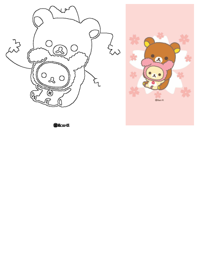 Rilakkuma and Korilakkuma Illustration: Brown bear holding a white teddy bear wearing a pink bunny costume, on a pink flowered background.