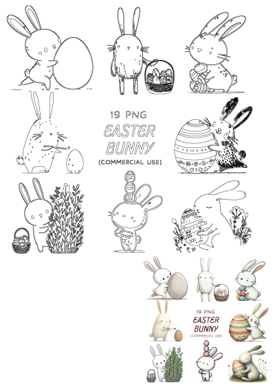 Cute PNG Easter bunnies and eggs cliparts for commercial use. Whimsical white rabbits with painted eggs, baskets, and flowers. Perfect for spring designs.