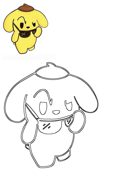 Adorable Pom Pom Purin illustration featuring the lovable character with a stylish beret and cool sunglasses. Cute cartoon dog image.