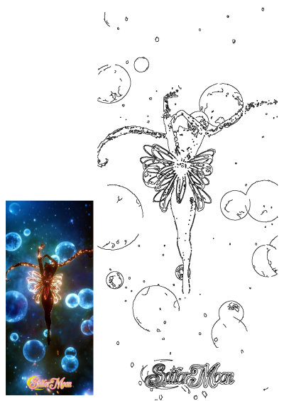 Sailor Moon Cosmos image: A woman with radiant wings is flying through a galaxy-like space surrounded by bubbles. A celestial dreamscape.