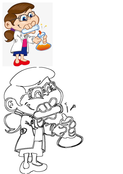 Cartoon image of a young scientist in a lab coat, eyeglasses, performing an experiment using a test tube and a beaker. 