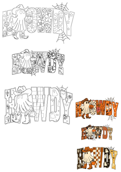 Two Halloween banners display "Howdy" in diverse western fonts. Features cowboy ghost figures and pumpkins, blending spooky and country themes.