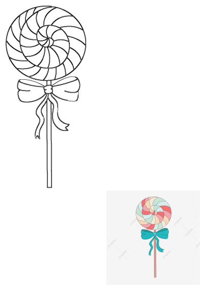 A vibrant and whimsical lollipop featuring a colorful swirl design and adorned with a charming blue bow. This sweet treat is sure to brighten anyone's day.