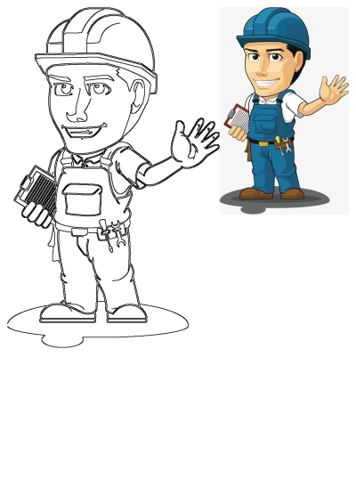 Cartoon worker with a blue hard hat and uniform holding a clipboard and pointing at the viewer, ready to help or give instructions.