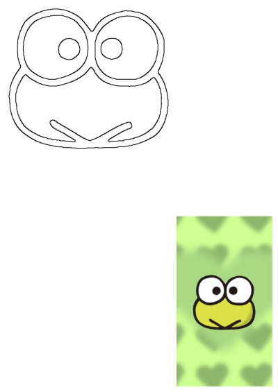 Keroppi character face with big round eyes and a yellow face, set against a green background with cute heart shapes. It is a cute wallpaper.