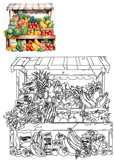Watercolor illustration of a grocery shopping store display filled with colorful groceries and fresh produce like fruits and vegetables.