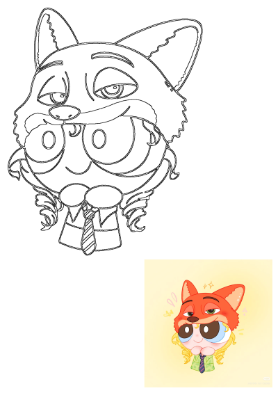 Cute cartoon line art combining Nick Wilde's head with Bubbles' body, a playful mashup fan art from Zootopia and Powerpuff Girls.