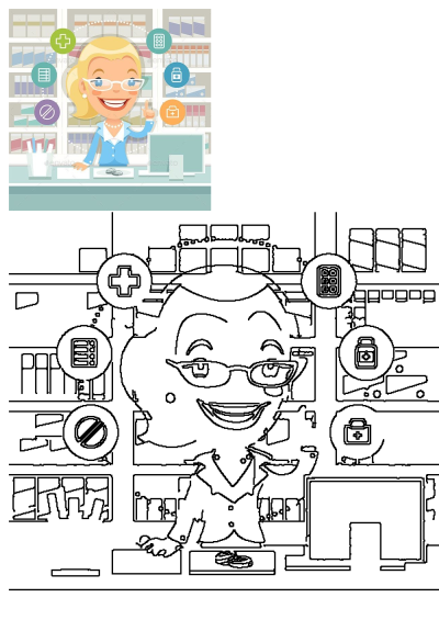Cartoon illustration of a woman sitting at a computer with pharmacy icons above her head. Depicts a pharmacist with medical services. 