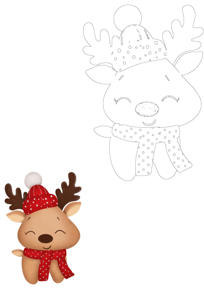 An adorable Christmas reindeer wearing a red hat and scarf, presented as both a vibrant illustration and a clean outline.