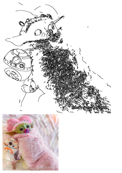 Baby Yoda in a pink wonderland, lying in a soft blanket with a pacifier and BB-8. Image from Baby Yoda Fest 2021 'Who Do You Wuv?'