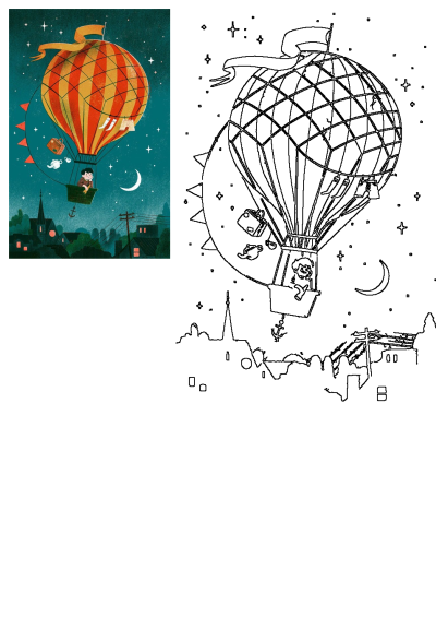 An illustration of a person flying in a hot air balloon over a town at night, complete with stars, a moon, and a whimsical feel.  