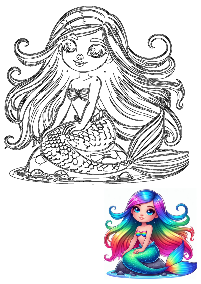 Cartoon illustration of a mermaid with rainbow hair and tail sitting on a rock.  The mermaid is smiling, with big blue eyes.