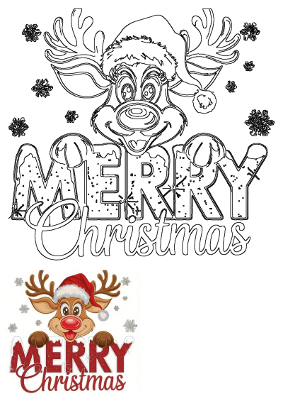 Festive reindeer in Santa hat with 'Merry Christmas' text and snowflakes, featured as an outline design and a vibrant colored illustration.