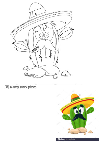Cartoon illustration of a fun loving cactus wearing a large yellow and red sombrero and a black mustache. 
