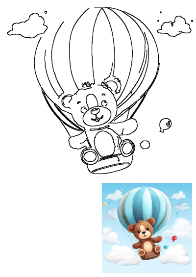 A charming image of a brown teddy bear soaring through a blue sky in a blue and white striped hot air balloon. Balloons and clouds are around.