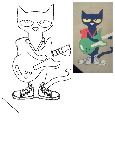 Drawing of Pete the Cat playing an electric guitar on a t-shirt. Based on the character Pete the Cat, ready to rock with his guitar.