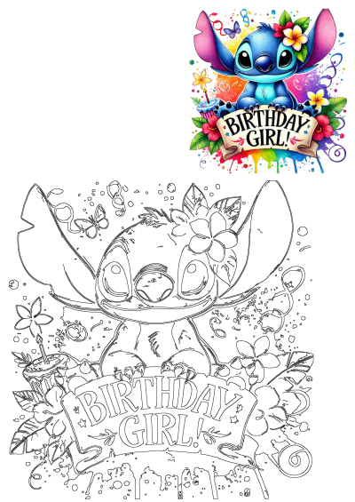 Cute cartoon image: Stitch holding a Birthday Girl sign, perfect for a celebration. Features flowers, bright colors, and a festive design.