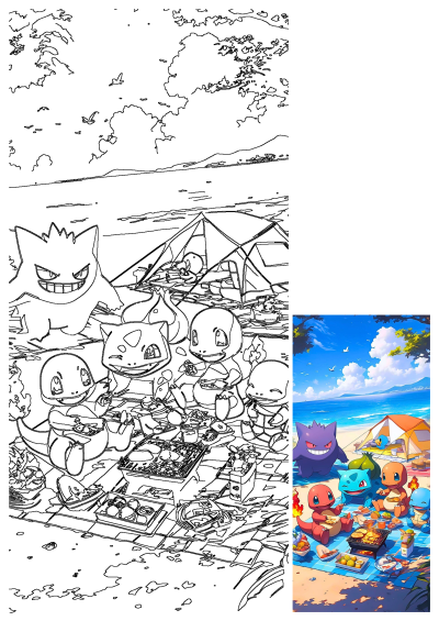 Pokemon picnic on the beach with food and drinks in front of them, featuring Charmander, Bulbasaur, Squirtle, and Gengar.