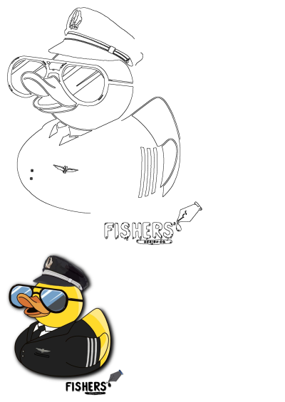 Rubber duck pilot! Image: a yellow rubber duck dressed as a pilot with a hat, sunglasses and the words "Fishers Design Co." for a fun design.