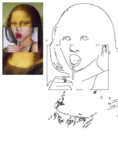 Contemporary art image that combines the face of the Mona Lisa with a girl licking a lollipop. Art, contemporary, and Mona Lisa collage.