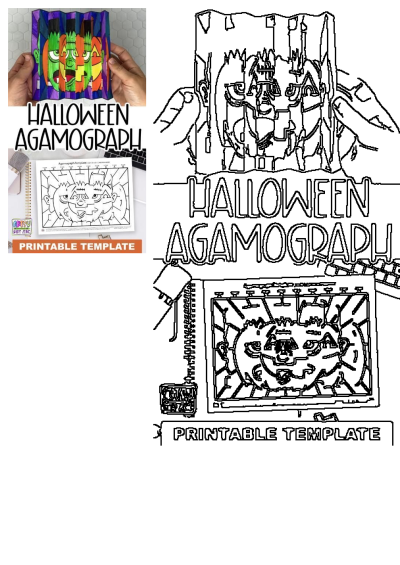Someone holds a Halloween agamograph craft. Image promotes DIY Halloween agamograph coloring page for kids with a printable template.