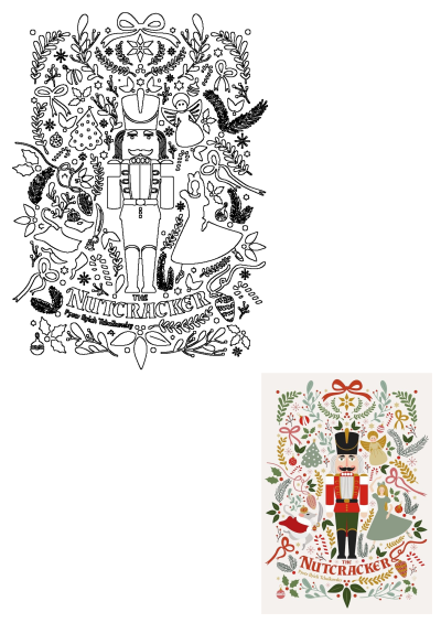 Festive Nutcracker illustration with the toy soldier, ballerina, Christmas decor, and "The Nutcracker Pyotr Ilyich Tchaikovsky" text.