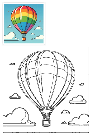A colorful hot air balloon flying in the sky surrounded by fluffy white clouds. The balloon features vibrant rainbow colors.