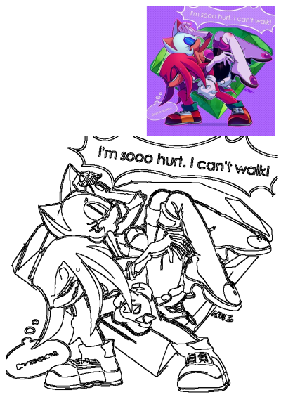 Fan art depicting Knuckles carrying Rouge, who dramatically claims she's hurt and can't walk, while Knuckles thinks she's a drama queen.