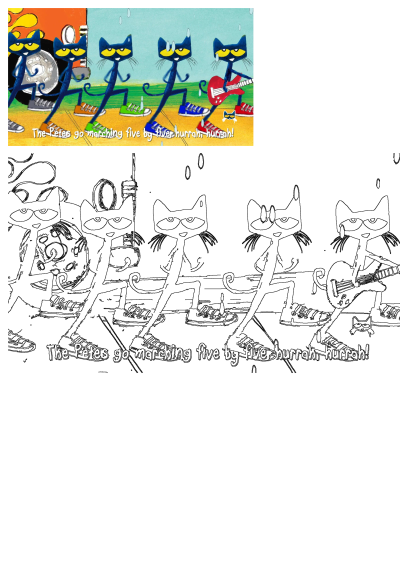 Illustration of Pete the Cat and his friends marching in a band, with one playing guitar. There are many cats playing guitar together.