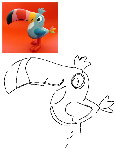 A colorful toy toucan bird with a vibrant beak and blue body stands against a bright orange background. Fun and whimsical design.