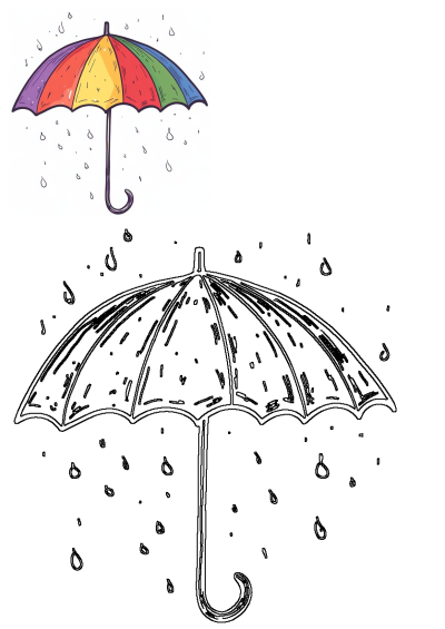 Illustration of a vibrant rainbow umbrella amidst falling raindrops, combining charm with a touch of weather-themed whimsy.