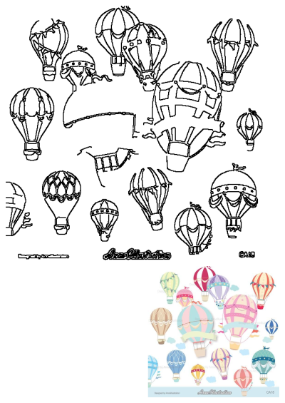 Colorful hot air balloons in the sky with ribbons, adding a touch of whimsy to any design project. Perfect for celebrations and events.