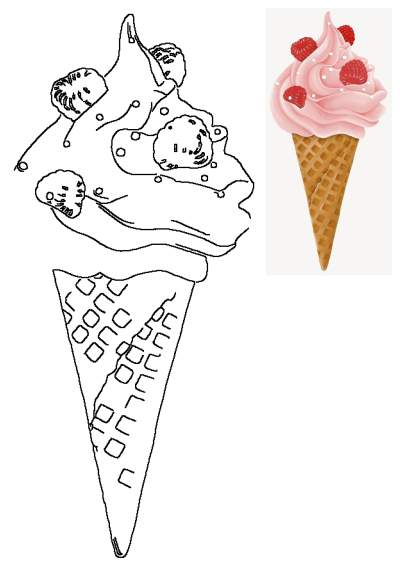 A delicious-looking illustration of an ice cream cone with a swirl of pink ice cream and fresh raspberries on top, perfect for a sweet treat.