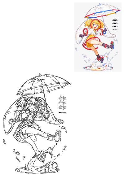 Anime character jumping with an umbrella and boots. An anime girl is jumping in the air with an umbrella over her head and boots on.