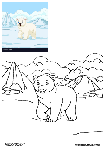 Cartoon polar bear standing in the snow, surrounded by an arctic landscape with mountains, ice and cloudy blue sky. 