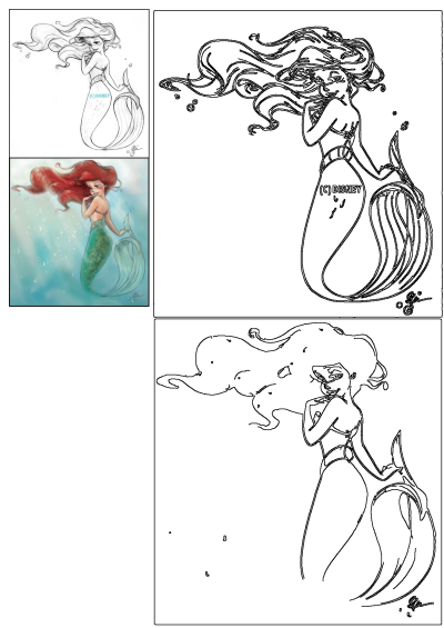The Little Mermaid, Ariel, is standing in the water and looking at her reflection. This is a drawing of her before and after her haircut.