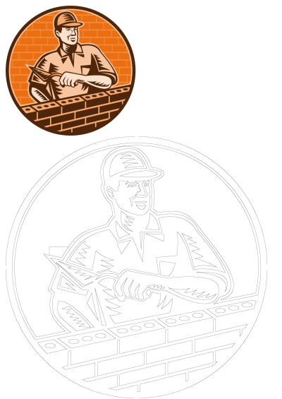 Illustration of a bricklayer worker working on a brick wall, holding a brick trowel. Great image for construction and building topics.
