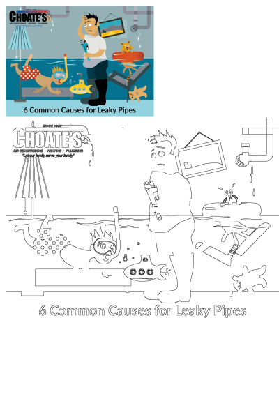 Cartoon illustration for Choate's plumbing showing a flooded room and causes for leaky pipes. Plumbing humor with cartoon characters in water.