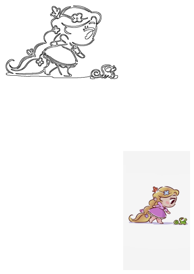 Chibi Rapunzel in a purple dress approaches Pascal the chameleon. A cute cartoon style illustration. 