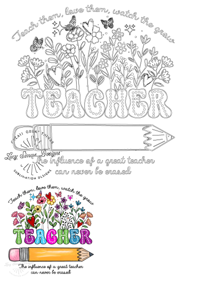 Teacher appreciation image featuring a pencil with the word 'TEACHER,' surrounded by colorful flowers and butterflies. A great teacher influence!