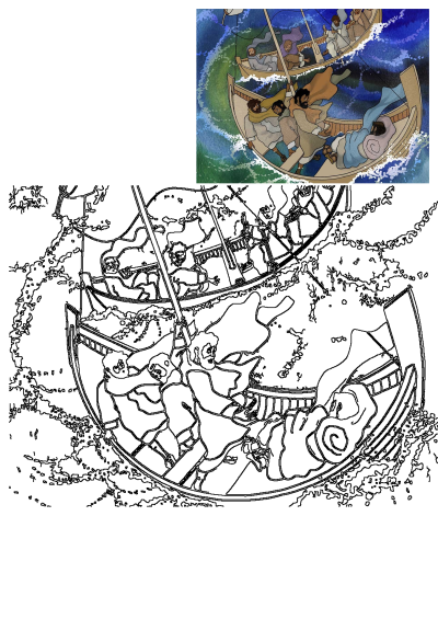Illustration of two boats with people on them floating in the water. This art depicts a story or scene from the Bible.