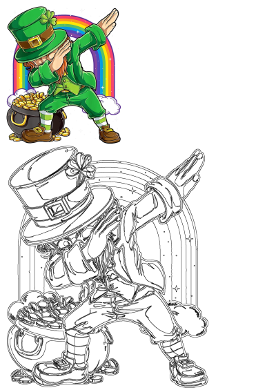 Cartoon leprechaun doing the dab with a pot of gold and a rainbow in the background. Perfect image for St. Patrick's Day!